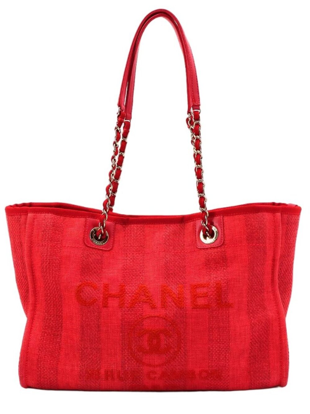 Chanel Deauville MM Chain Tote Mixed Fiber Red Gold